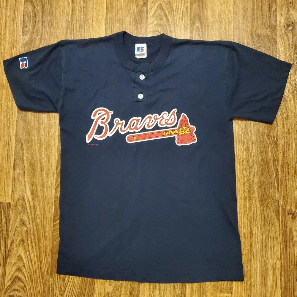 Vintage 90s Atlanta Braves Shirt Boys XL Blue Baseball MLB‎ Russell Athletic 98